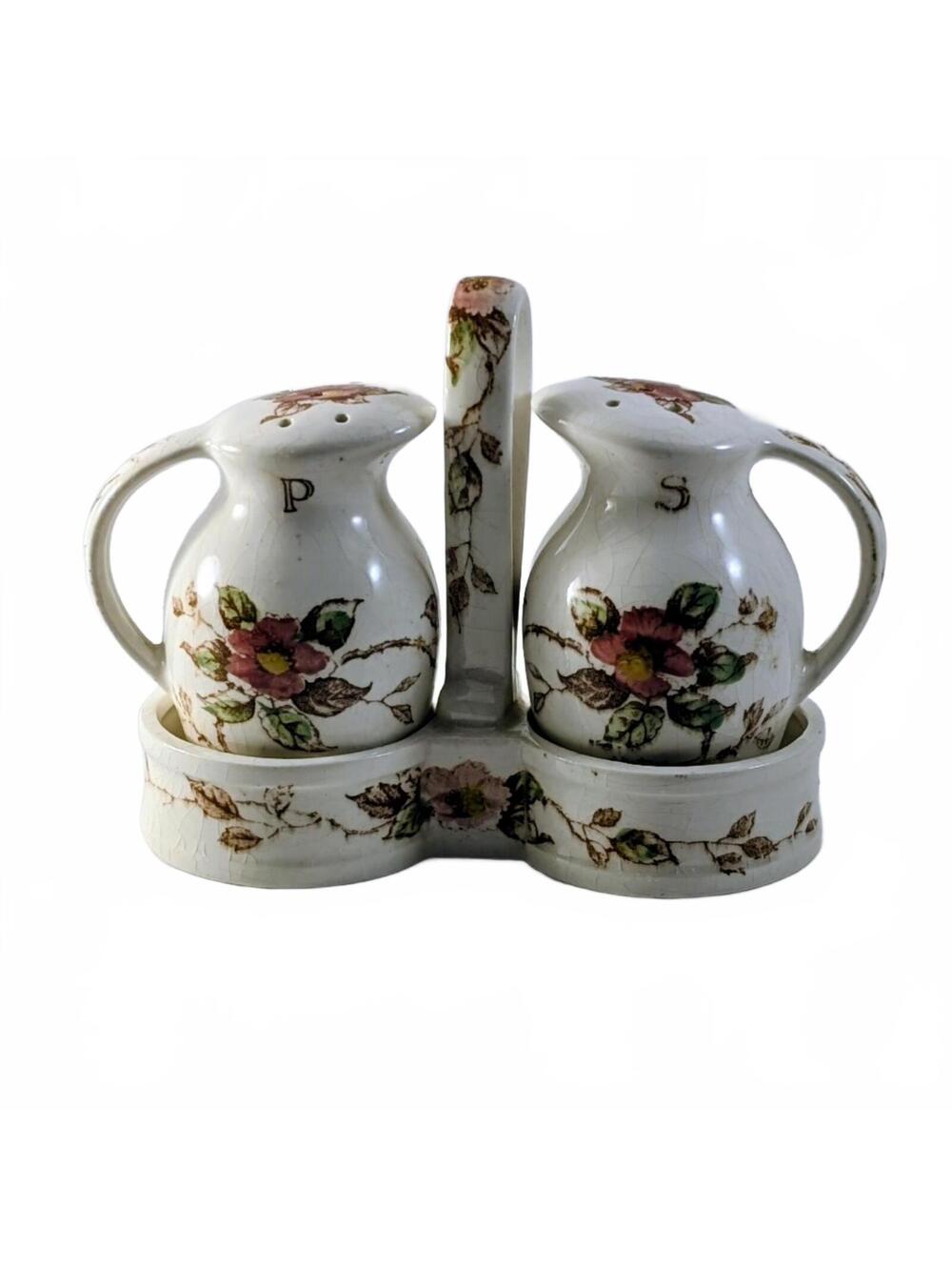 1940s Nasco Springtime China Salt & Pepper Shaker set w/ holder